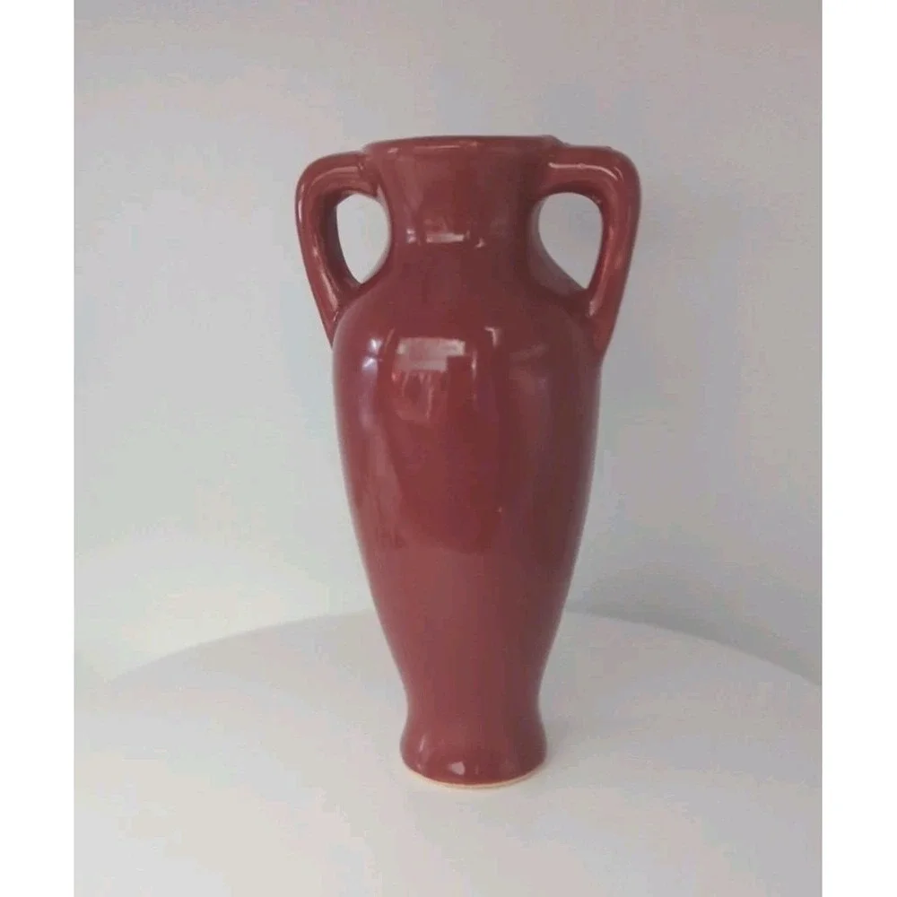 Vintage Burgundy Pottery Bud Vase Double Handle Art Deco Red Ceramic 4in
